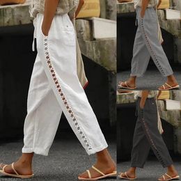 Women's Pants Women Cotton Linen Harem Summer Loose Lace Stitching Hollow Trousers Female Vintage Ankle-Length Wide Leg