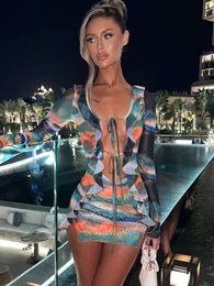 Print Mesh Bandage Mini Dress Women INS New Fashion Long Sleeve Slit Bodycon Dresses for Club Party Hot Girl Slim Streetwear