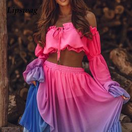 Work Dresses Casual Colourful Printing Two Piece Set Women Sexy Off Shoulder Ruffle Blouse And Slit Long Skirts Suit Spring Autumn Outfits