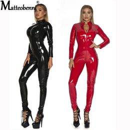 New Oversized XL Women Sexy Lingerie Faux Leather Night Club Jumpsuit Bodysuit Latex PVC Catsuit Zipper Open Crotch Erotic Wear