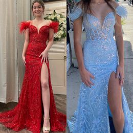 Vestido de baile de lantejoulas com apliques 2k24, mangas com boné de penas, pré-adolescente, concurso, inverno, festa formal, passarela, gala, concurso, fenda alta, lilás, azul claro, vermelho