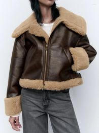 Women's Leather Winter Thick Faux Fur Sheepskin Coat Women Fashion Lapel Zipper Short Pu Jacket Lady Warm Moto Biker Outwear