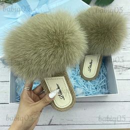 Slippers Women Flip Flops Summer Real Fox Fur Luxury Sandals Furry Str Flats Slides Ladies House Soft Slippers Female Fur Slides Shoes T231121