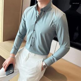 Men's Casual Shirts High Quality Business Formal Wear Long Sleeve Striped Shirt For Men Clothing All Match Slim Fit Social 4XL