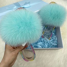 Slippers 100% Natural Raccoon Fur Furry Slippers Crystal Flats Plush Slides Real Fox Fur Sandals Ladies Transparent Jelly Slipper 231120