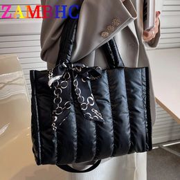Evening Bags Elegant Ribbons Women's Bag Down Fabric Cotton Shoulder Crossbody Bags Winter Designer Quilted Padded Space Handbags 231121