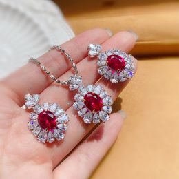 Flower Lab Ruby Diamond Set White Gold Filled Party Wedding Earrings Necklace for Women Bridal Engagement Jewellery Gift