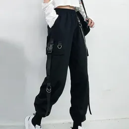 Women's Pants Women Cargo Trousers Stylish Chain Decor Multi Pockets High Elastic Waist Trendy Streetwear For Comfortable