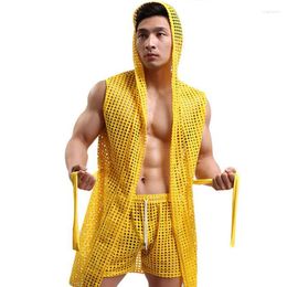 Men's Sleepwear Men's Bathrobe Hollow Men Hooded Bathrobes Nets Mantle Home Casual Sexy Homme Dressing Kimono Badjas Gown