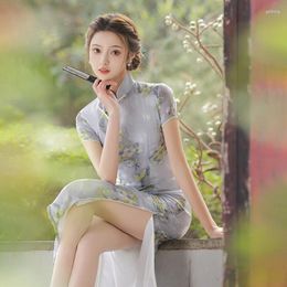 Ethnic Clothing 2023 Chinese National Chiffon Cheongsam Short Sleeve Dress Slim Floral Retro Women Long Qipao Light Blue XXL Lining
