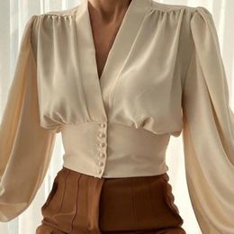 Women's Blouses V-neck Buttons Placket Waist Tight Cropped Shirt Lantern Long Sleeve Flower Print Vintage