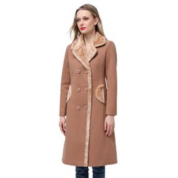Womens Coat Winter Jacket Double-breasted Flat Barge Collar Mid-length Wool Blend Pea Coat Jacket 7JLQF