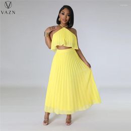 Work Dresses VAZN 2023 Luxury Designer Faicycore Young Sexy High-end Beach Holiday Halter Sweet Long Pleated Skirts Women 2 Piece Set