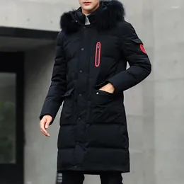 Men's Down Winter Thick Warm Parka Men Hooded Jacket Mid-length Cotton Padded Windproof Fur Collar Long Sleeve Slim Coat