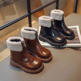 Botas crianças botas de inverno cor sólida plataforma frente zíper crianças botas meados de bezerro moda 26-36 preto marrom unisex meninos meninas sapatos 231121