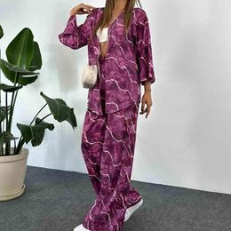 Women's Two Piece Pants Fashion Streetwear Straight Outfits Casual Pattern Printed Sets 2023 Vintage Long Sleeve Cardigan Suits