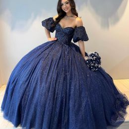 Sexy Sweetheart Navy Blue Shiny Quinceanera Dresses Short Sleeves Beads Vestidos De 15 Anos Court Train Birthday Party Gowns