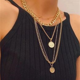 Pendant Necklaces Vintage Fashion Gold Colour Multilayer Hip Hop Punk Thick Chain Coin Necklace For Women Boho Geometry Choker Jewellery Gift