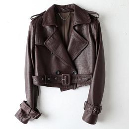 Women's Leather Genuine Jacket Autumn/winter Lapel Embossed Sheepskin Short Waistband Long Sleeved Motorcycle For Women