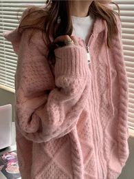 Women's Knits Tees HOUZHOU Korean Fashion Knit Cardigan Women Autumn Winter Casual Loose Zipper Hooded Thick Sweater Coat Long Sleeve Pink Top 231120