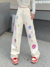 Women's Jeans HOUZHOU Japanese Y2k Jeans Women Harajuku Anime Cute Wide Leg Denim Pants Baggy Pink Kawaii Trousers Hippie Streetwear Female 230421