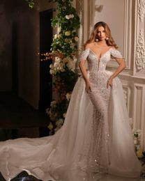 Gorgeous Mermaid Wedding Dresses V-neck Off the Shoulder Whole Body Sequins Backless Zipper Tulle Chapel Gown Custom Made Plus Size Bridal Gown Vestidos De Novia