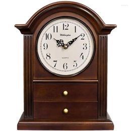 Table Clocks Arch-top Mantel Clock Antique Style Container With 2-drawers Hardwood Classy Home Decor European Decoration