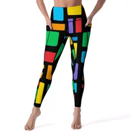 Active Pants Retro Mod Leggings Colourful Bricks Geometric High Waist Yoga Breathable Stretchy Legging Female Workout Sports Tights