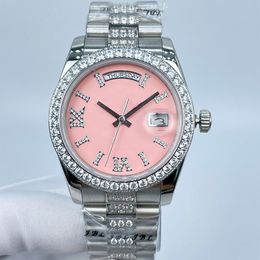 Mens Watch Automatic Mechanical 36mm Full Stainless Steel Women Wristwatches Sapphire Weekly Calendar Roman Diamond Pink Opal Dial Montre de Luxe