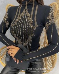 Women's Blouses Ladies Office Casual Fall Long Sleeve Tops 2023 Fashion Rhinestone Slim Tights Half High Neck Black Sexy Bottoming Shirt