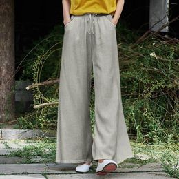 Women's Pants Soild Casual Elastic Waist Drawstring Wide Leg Women Outfits Female Sweatpants Side Pocket Cotton Linen Pant