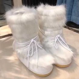 Winter Snow Boots Women Ski Boots Fluffy Hairy Lace Up Middle Calf Platform Flat With White Ski Boots Fashion Botas Mujer