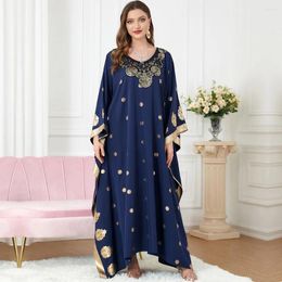 Ethnic Clothing Muslim Blue Gold Print Bat-Sleeve Loose Dresses Autumn Elegant V-Neck Women's Kaftans Casual Outing Daily Arab