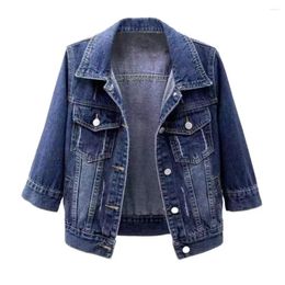 Women's Jackets Women Denim Jacket Flap Pockets Coat Stylish For Lapel Design 3/4 Sleeve Spring/autumn