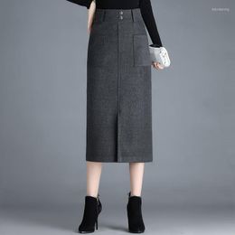 Skirts Women Autumn Winter Warm Woolen High Waist Pencil Midi Skirt Female Casual Solid Slim Mid-calf Length Split Work P112