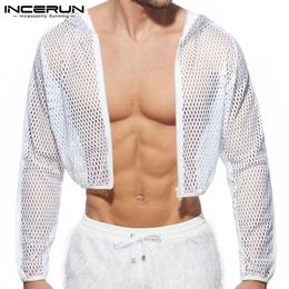 Mens TShirts Men Mesh Crop Tops Hooded Solid Colour See Through Zipper Sexy Casual T Shirt Workout Outwear Streetwear Camisetas INCERUN 7 230420