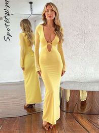 Sexy Yellow V neck Lace Up Dress Women Elegant Hollow Out Long Sleeve High Waist Dresses Fashion Female Night Party Robes