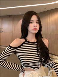 Women's T Shirts Deeptown Korean Fashion Chic Black White Striped Crop Tops Women Y2k Off Shoulder Long Sleeve Tees Egirl Casual Slim