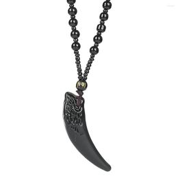 Pendant Necklaces Natural Obsidian Carving Wolf Tooth Shape Black Spacer Beads Chain Necklace Crescent Moon Unisex Couple Charms Jewellery