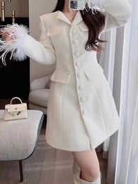 Women's Suits 2023 Autumn Winter Elegant Long Blazer Coat Women Casual Single Breasted Evening Party Dress Feathers Korean Fashion Outerwear