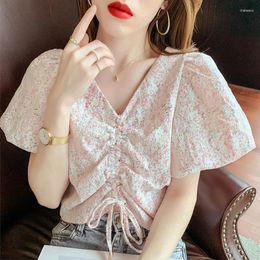Women's Blouses Lace Shirt For Summer Design Sense Niche Short Drawstring V-neck Slim Fitting Sleeved Top Pullover Tops S-XL