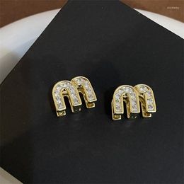 Stud Earrings European And American Style Light Luxury High-end Fashionable Retro Gold Plated Inlaid Rhinestone Double-sided Letter M