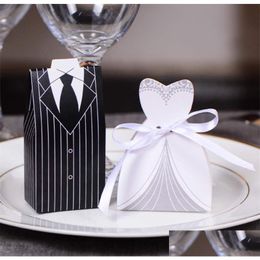 Gift Wrap 100Pcs 50Pairs European Style Tuxedo Dress Bride Groom Favors Candy Boxes Bomboniera Party With Ribbons Lz0082 Dro Dhdh3