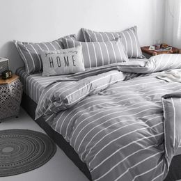 Bedding sets Grey striped bedding Nordic double layered down duvet cover home decoration linen adult 4piece set 231121