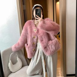 Women's Fur 2023 Winter Allinone Women Sheep Shear Coat Large Gold Button Round Neck Full Wool Fashionable Luxury Exquisite