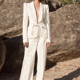 Women's Two Piece Pants Blazer Pant Suits Set White Office Ladies Women Business Wide Leg Lace Formal Suit High Quality