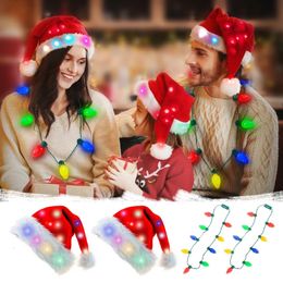 Caps Hats Light Up Christmas Hats With Glowing Necklace Luminous Santa Hat For Kids Adults Party Christmas Decoration Gift Navidad 231121