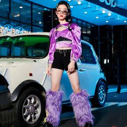 Stage Wear Kids Clothing Purple Crop Tops Black Shorts Legging Suit For Girls Jazz Dance Costumes Children Hip Hop Clothes DN16713