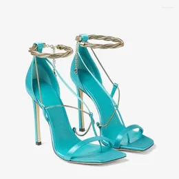 Sandals Women 2023 Mental Chain Sandalias Sexy Peep Toe Shoe For Ladies One Line Trap Zapatos Stiletto Heels Party Wedding Shoes