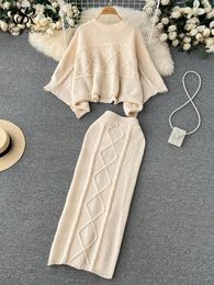 Two Piece Dress SINGREINY Fashion Winter Knitted Two Pieces Suits Loose Short Sweater TopElastic Waist Bodycon Long Skirt Women OL Casual Sets 230421